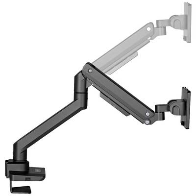 A height-adjustable monitor arm in black metal, mounted to a desk. The arm features joints for flexible positioning.