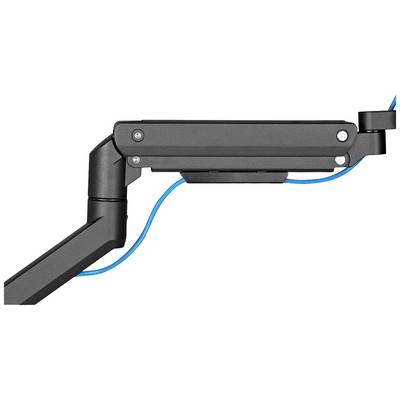 Black screen arm with blue cable management, designed to support and flexibly position monitors on desks.