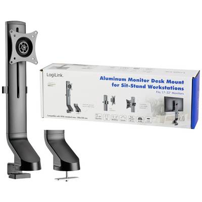 A black aluminium monitor stand for desks, suitable for 17–32 inch monitors. Packaging shows mounting examples.