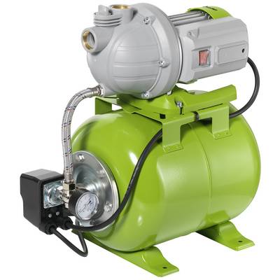 Green water pump with pressure vessel and pressure gauge, mounted on sturdy metal frame. Suitable for household water supply.