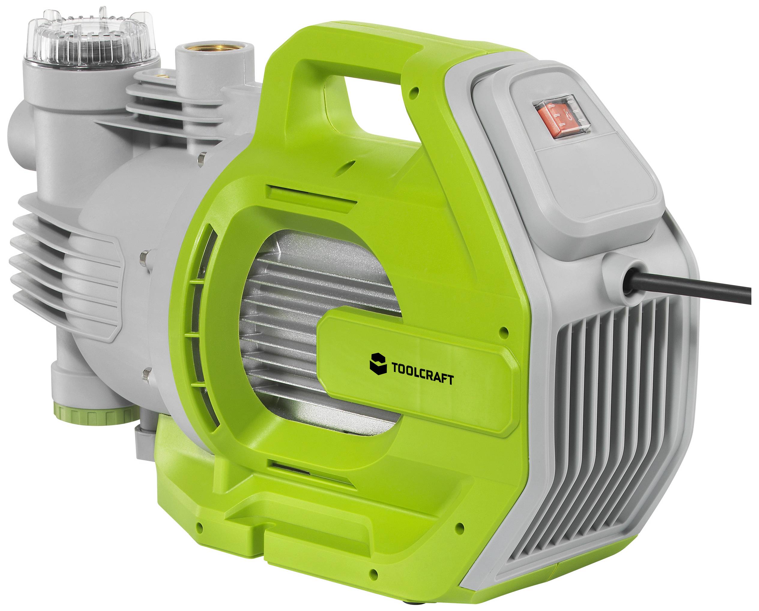 Green and grey electrical water pump by Toolcraft with handle and visible power cable, on white background.