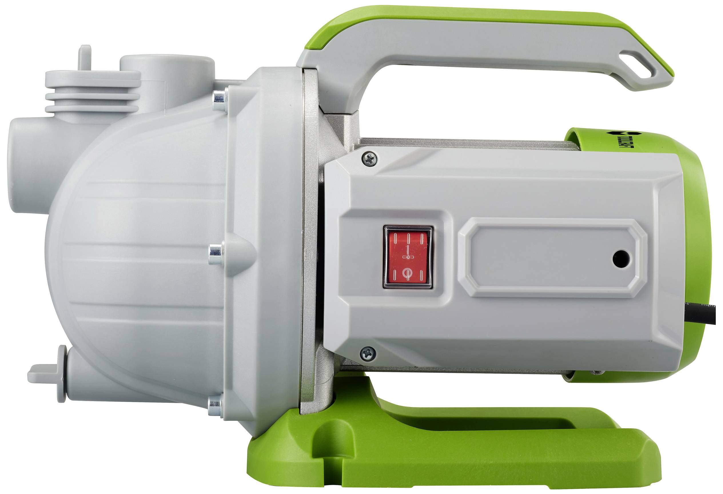 Garden pump with green carrying handle and red on/off switch. Housing in grey, compactly built for watering gardens.