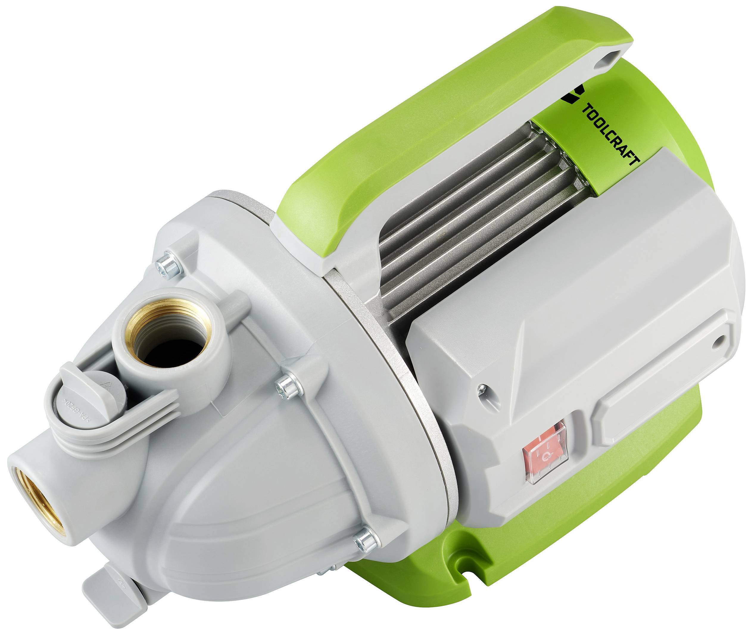Electric water pump in grey and green with side power switch. Ideal for water supply in households or gardens.
