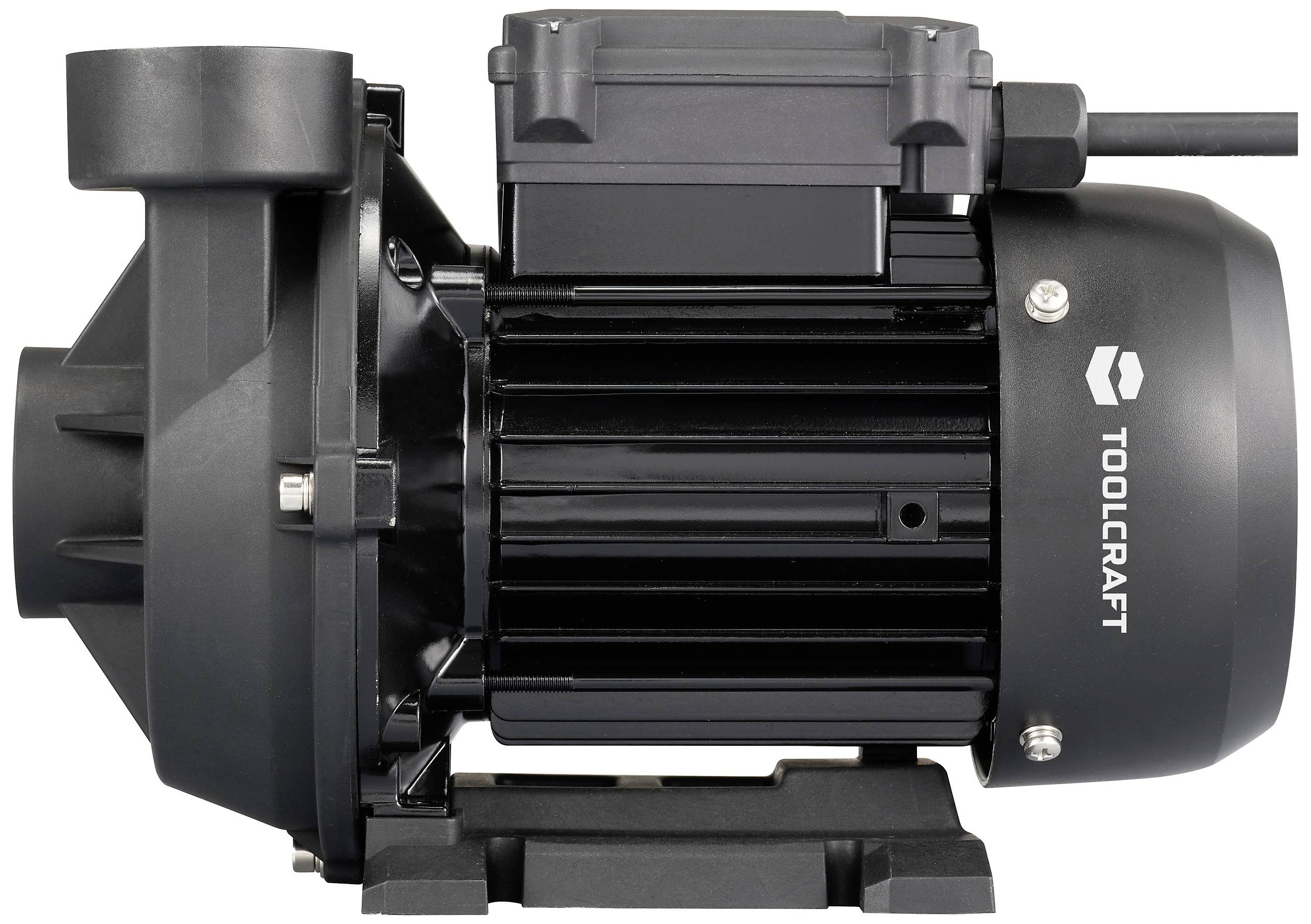 'Black Toolcraft water pump with electric motor. Side view shows details of the housing and connections.'