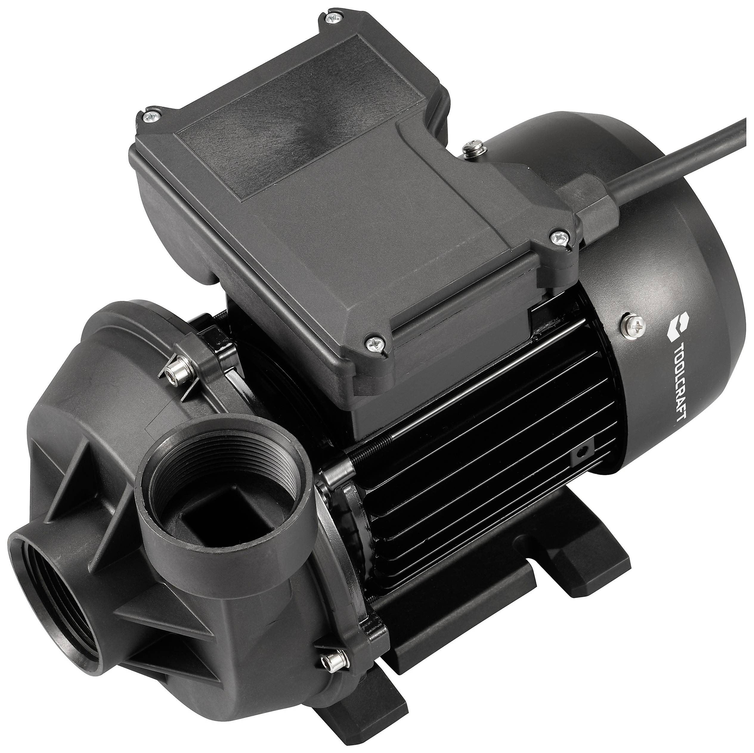 Black water pump with electric motor and hose connection, suitable for industrial or domestic water systems.