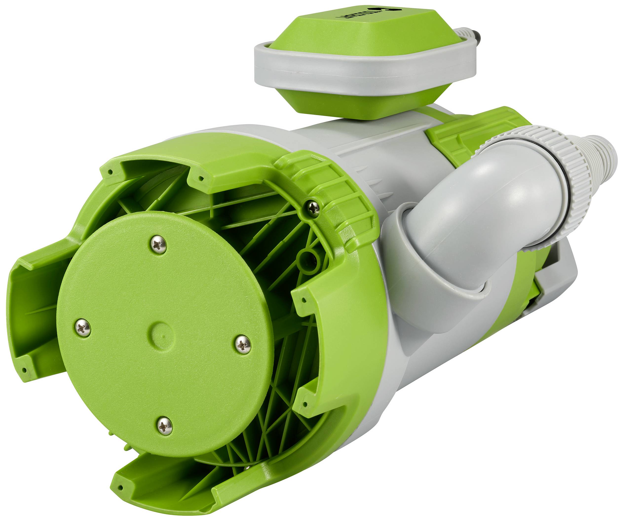 Green and grey water pump with hose connection, used for garden irrigation systems.