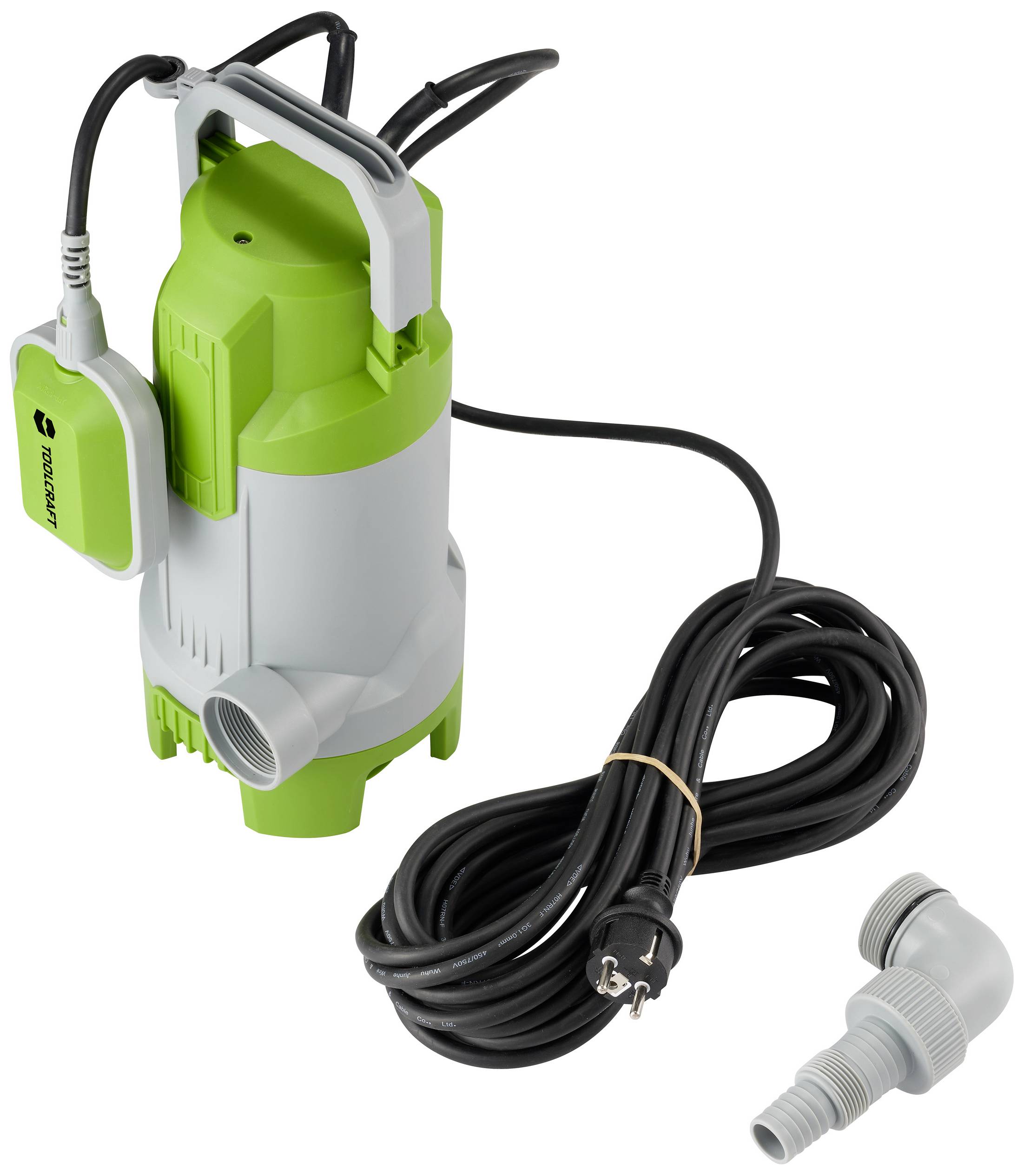 Green submersible pump with grey accents, power cable, and adapter. It is used for water pumping applications.