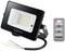 An LED floodlight with cables and a remote control featuring buttons for On/Off, Mode, Time, Sensitivity, and a Timer.