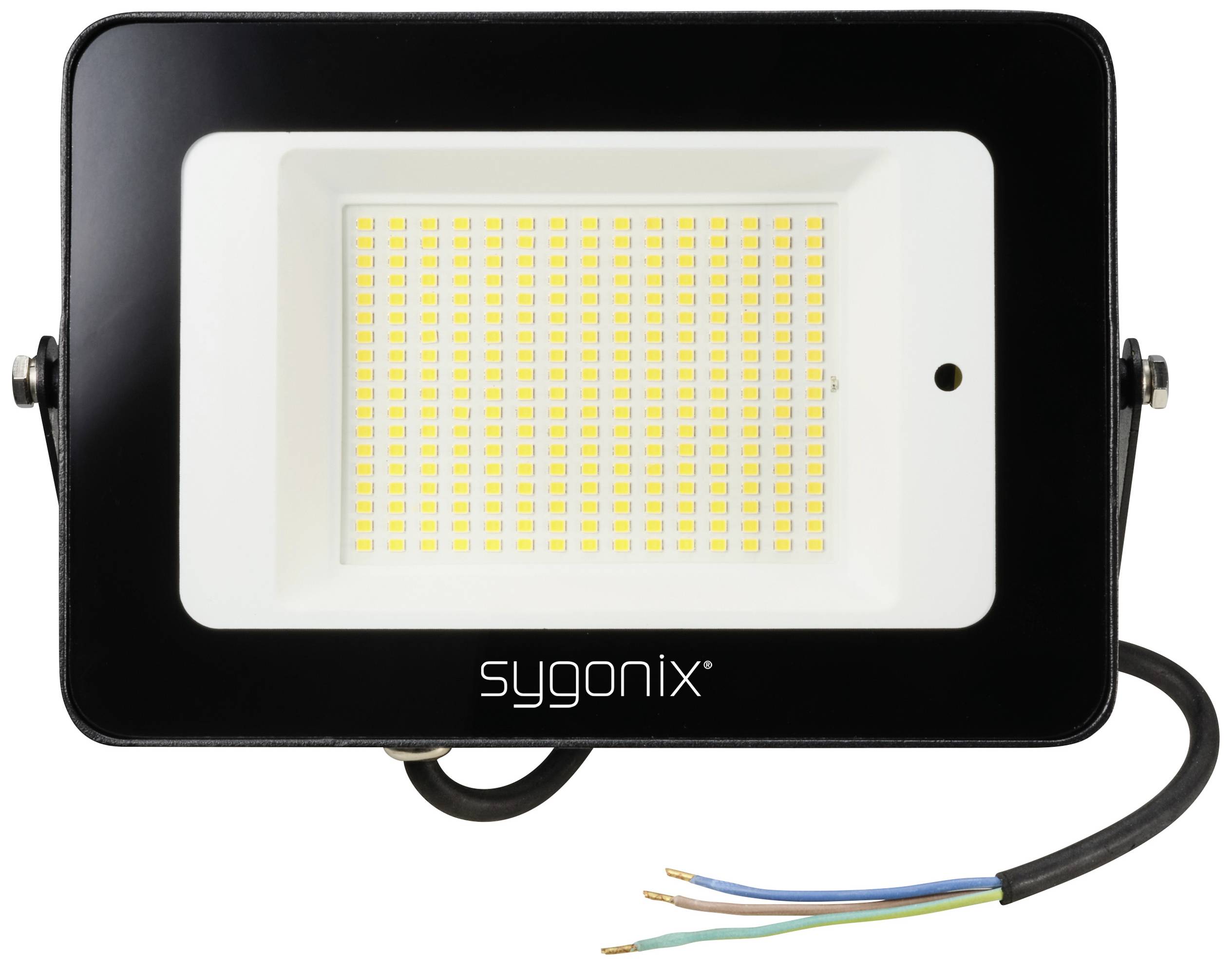 LED outdoor floodlight with black frame and cable, brand 'sygonix', suitable for illuminating exterior areas.