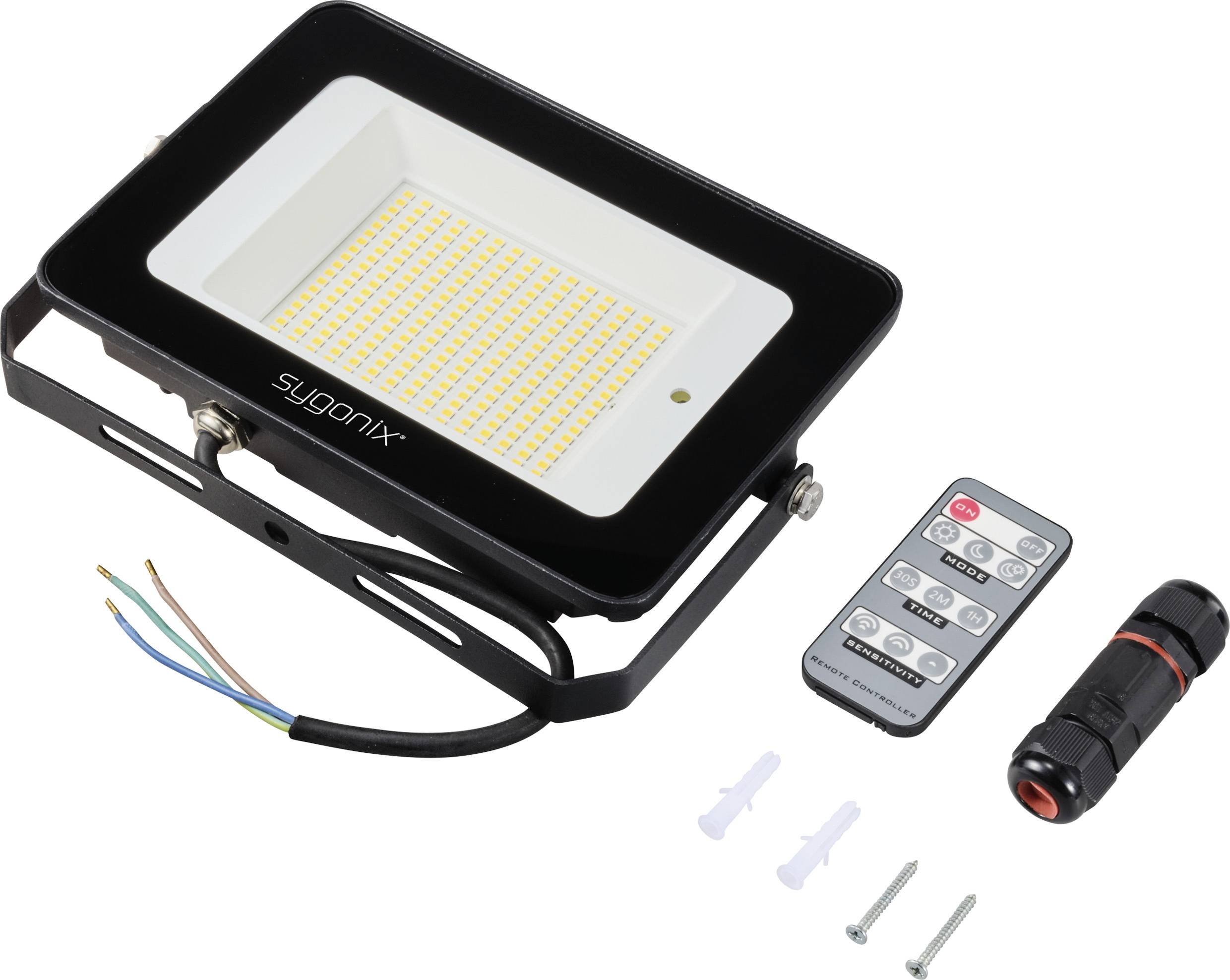 A rectangular LED floodlight with a black frame and accompanying remote control, screws, and mounting elements.