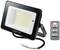 LED floodlight with wall mounting and cable, alongside a remote control with buttons for mode, time, and sensitivity.