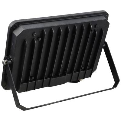 Black LED floodlight with ribbed structure and adjustable stand, suitable for outdoor lighting.