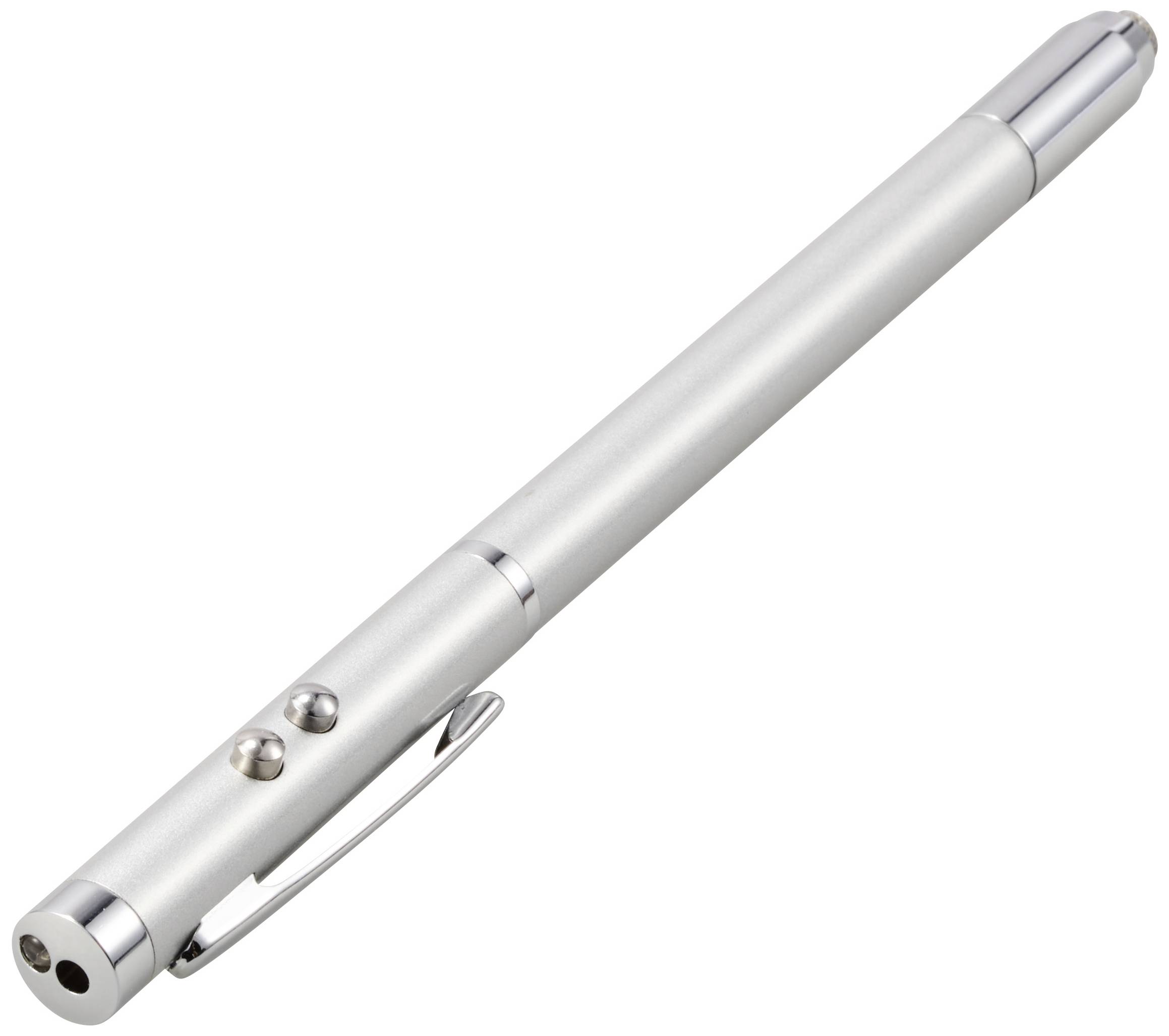 Silver laser pointer, elongated with pocket clip and two small buttons on the shaft; used for presentations or as a pointer.