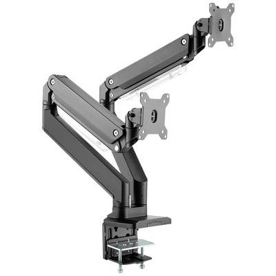 Double monitor arm in black metal, adjustable in height and angle. Suitable for desk mounting with clamps.