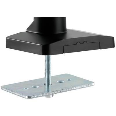 A black table clamp with an adjustable metal screw and rectangular metal plate, suitable for stabilising monitor arms on a desk.