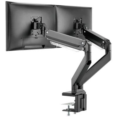 Two black metal monitor arms, mounted on a desk, hold two screens side by side with adjustable height.