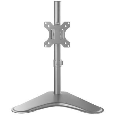 A silver monitor stand with an adjustable mounting arm and V-shaped base, suitable for monitors of varying sizes.