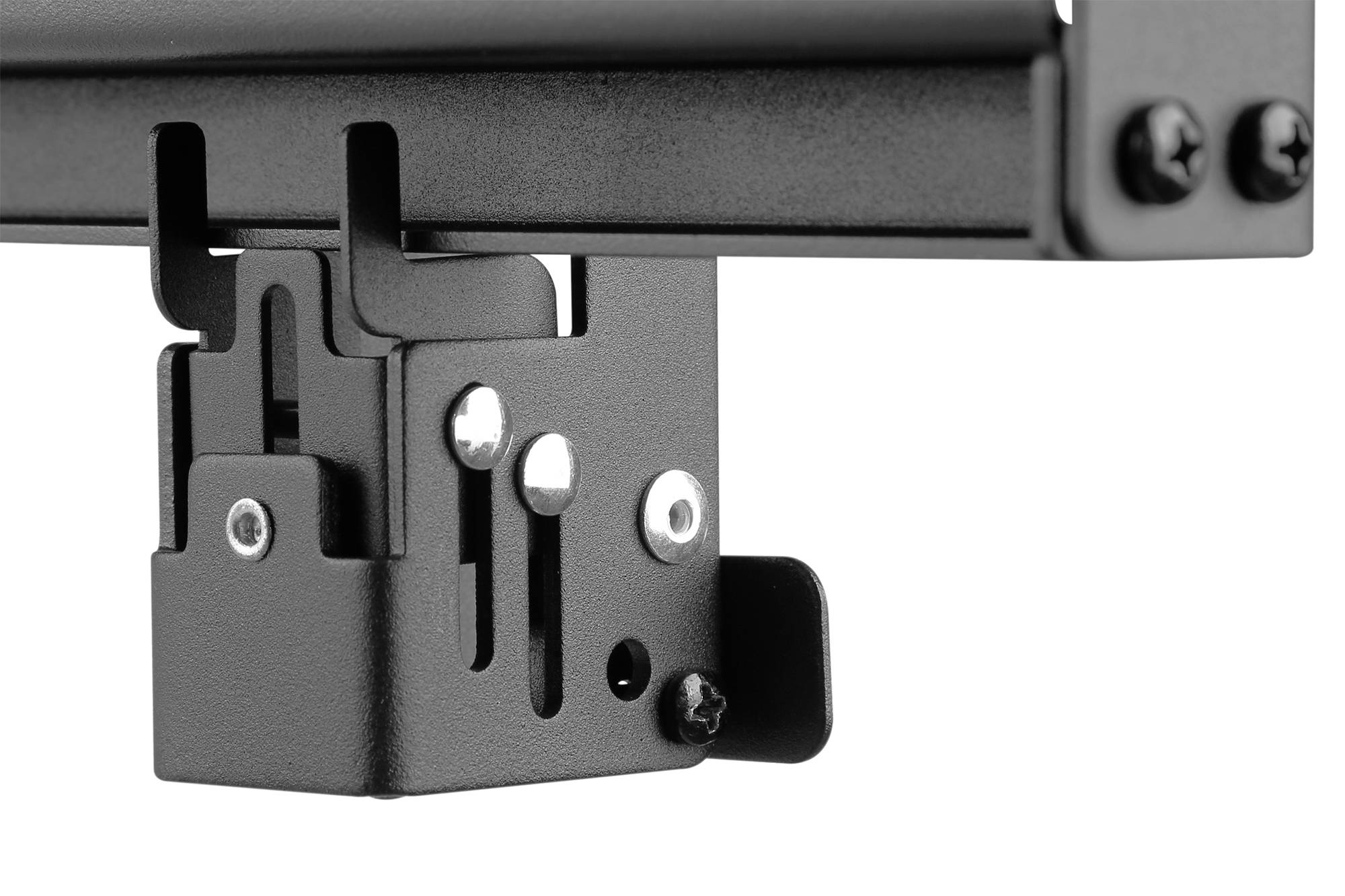 A black metal mounting bracket with screws and slots, for securing to a surface.