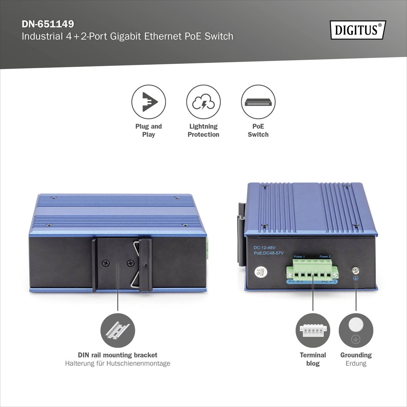 'Digitus Industrial 4 + 2-Port Gigabit Ethernet PoE Switch' with DIN rail mounting bracket, plug-and-play, lightning protection, and earthing terminal.