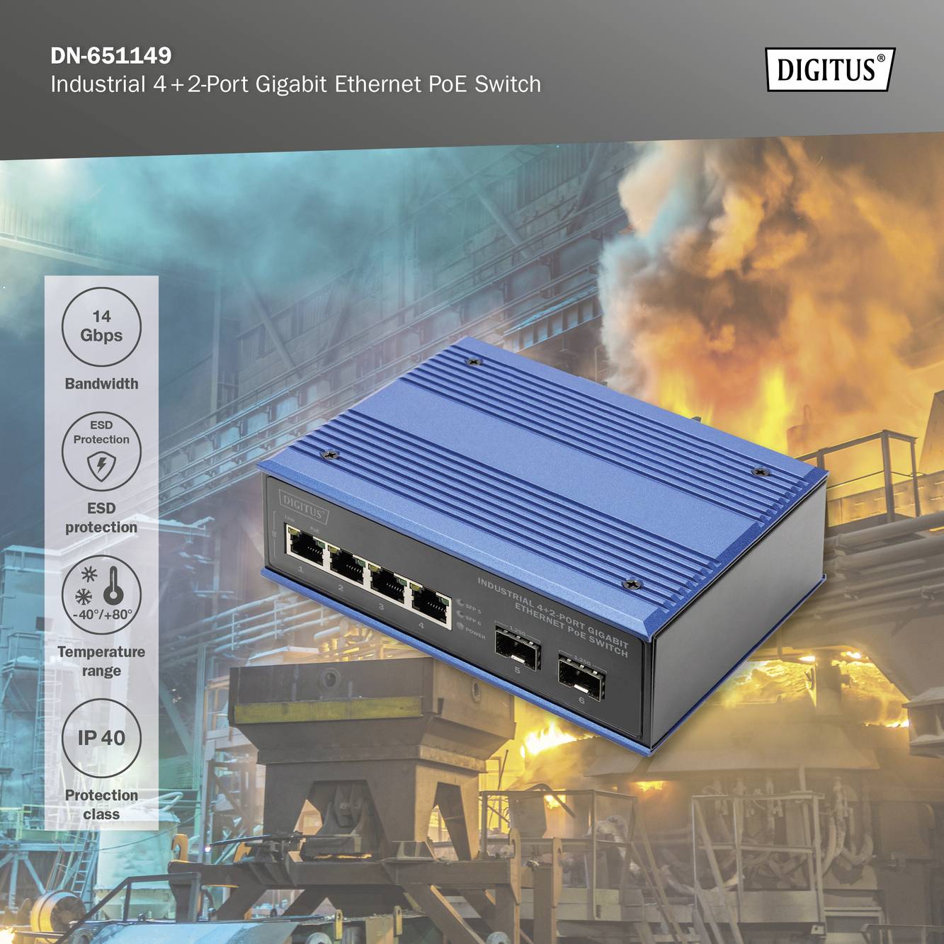 A blue, industrial 4+2-port Gigabit Ethernet PoE switch on a factory background. Labelled with features such as 14 Gbps bandwidth, ESD protection, temperature range -40° to 80°, protection class IP 40.