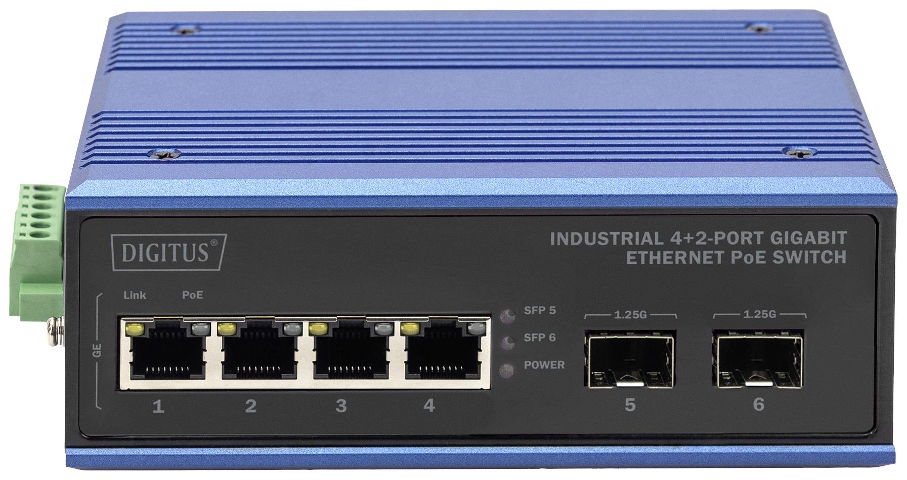 A blue industrial 4+2-port Gigabit Ethernet PoE switch with six network ports. Two SFP ports are located on the right.