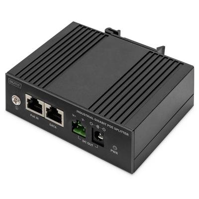 Black industrial PoE splitter with two Ethernet ports, a green DC output, and a power connection on a white background.