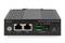 A black industrial Gigabit PoE splitter with two Ethernet ports, a green DC output, and a network connection.