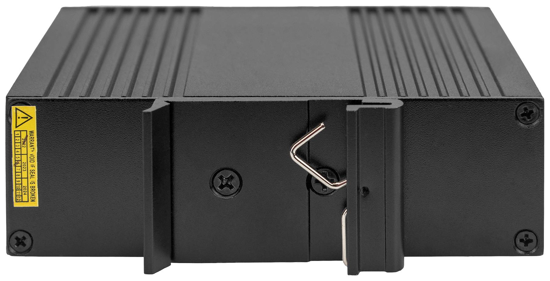 A black, rectangular technical device with a metal enclosure and warning label. The front has a removable plate with a locking mechanism.