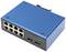 Blue 12-Port Ethernet Switch with cooling fins on the top side, two SFP slots and non-slip rubber feet for stabilisation.