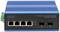 A blue industrial Ethernet switch with 4 Gigabit ports and 2 SFP ports. On the left side is a green connection rail.