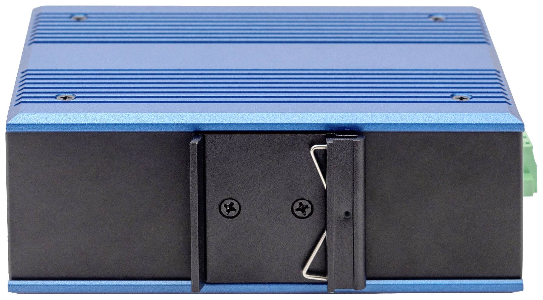 A rectangular, blue electronic device or enclosure with black elements and two visible screws on the front face.