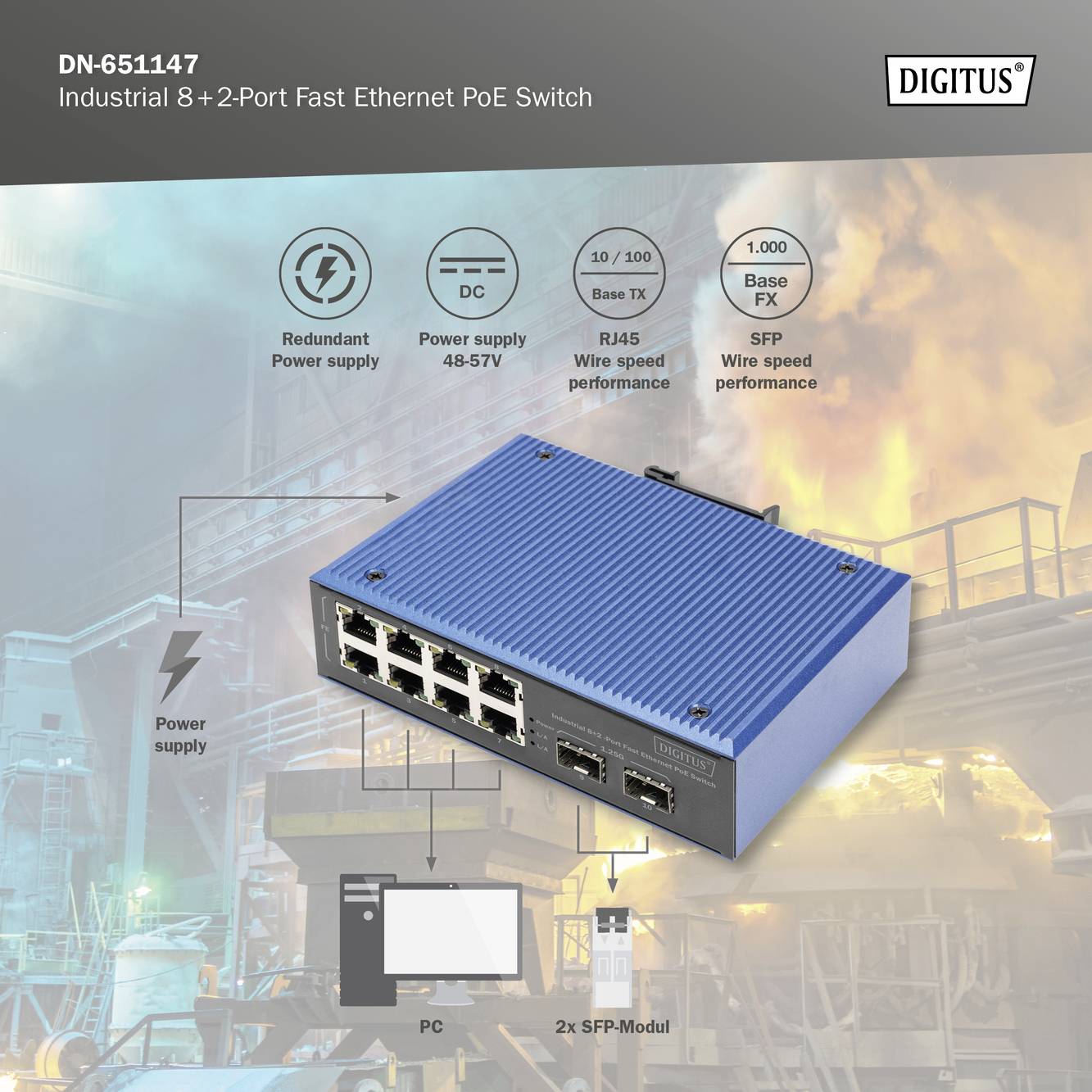 Industrial PoE Switch with 8+2 Ports, supporting Ethernet and SFP. Suitable for robust networks. Power supply: DC 48-57V.
