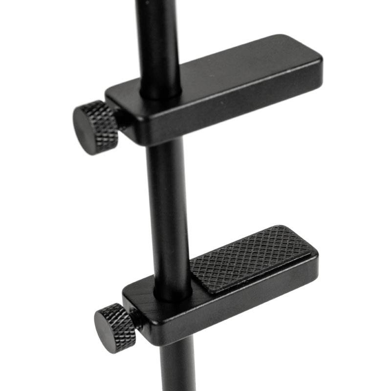 A black stand with two adjustable clips; suitable for securing items. Ideal for studios or presentations.
