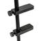 A black stand with two adjustable clips; suitable for securing items. Ideal for studios or presentations.