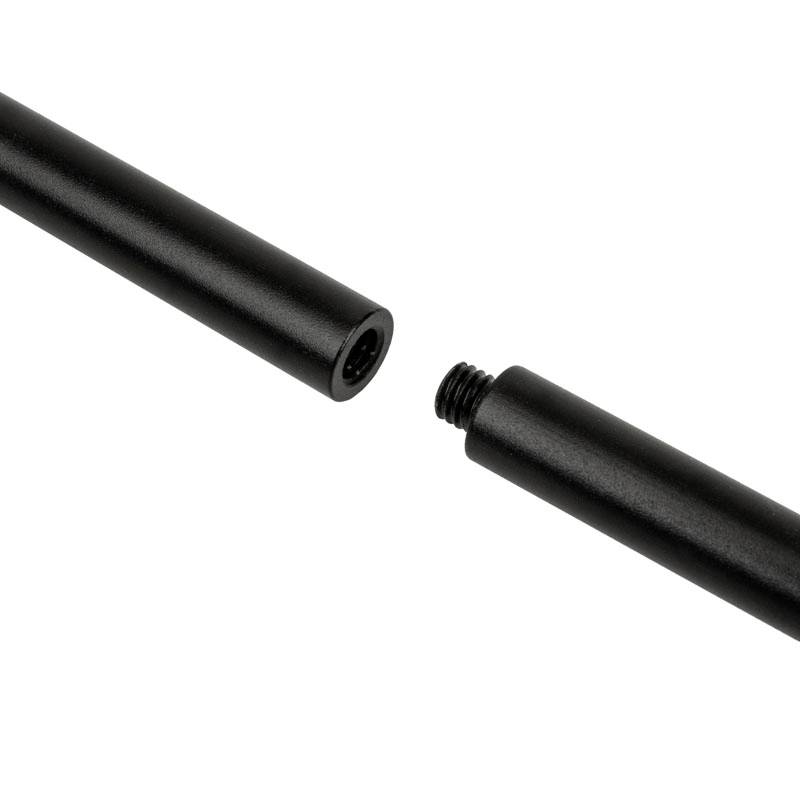Two black metal rods with a screw thread at the end, indicating that they can be connected to each other.