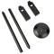 Five black metal components: two long rods, two short adapters, and a round base, possibly parts of an assembly kit.