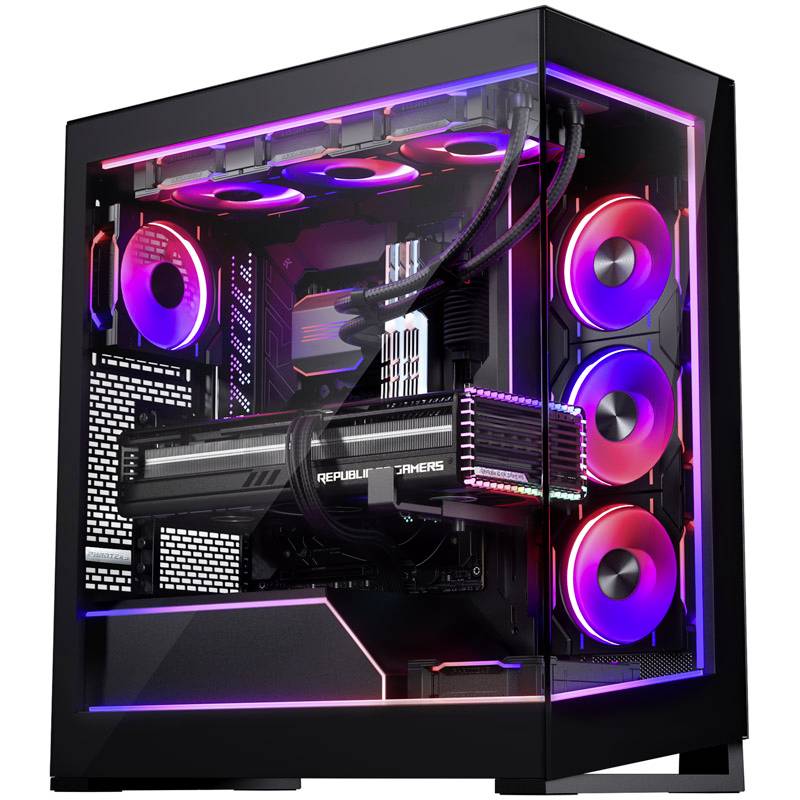 A gaming PC with RGB lighting shows a transparent case lid, cooling elements, fans, and a motherboard with glowing colours.