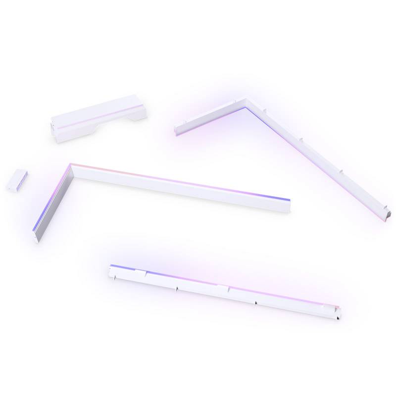 Various white LED strips arranged at angles with subtly glowing pink and blue light on a white background.
