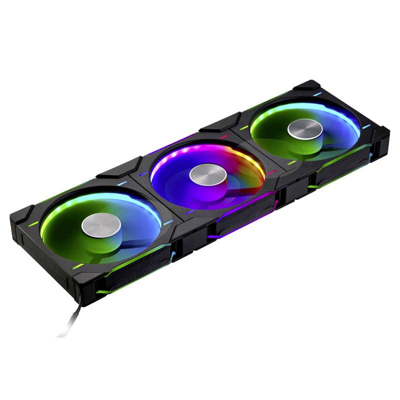 Three computer case fans with RGB lighting in different colours, shown in a row.