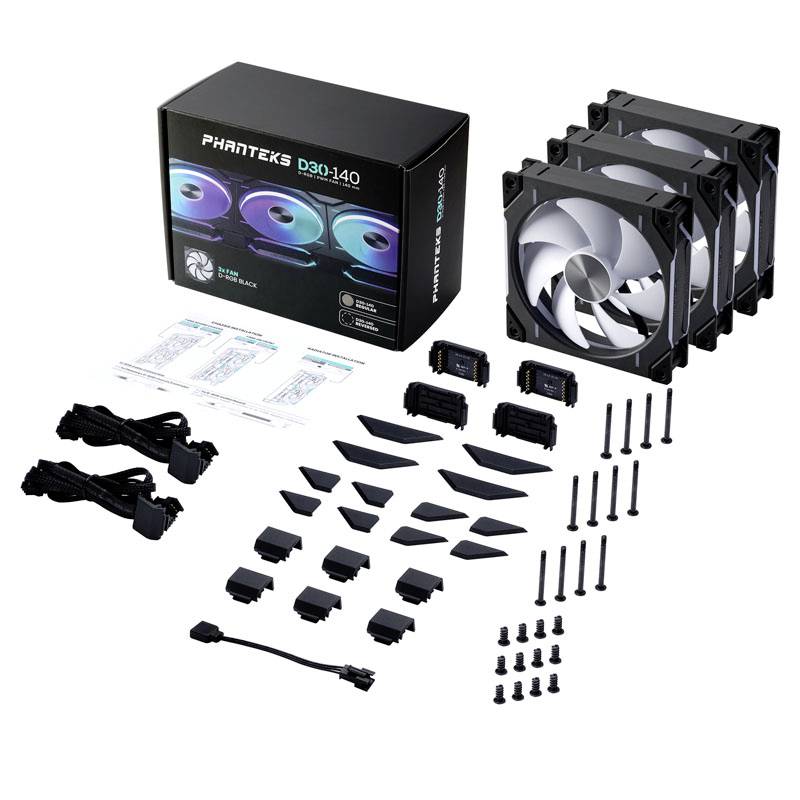 Cooling set by Phanteks with fans, screws, cables and accessories. Packaging shows fans with RGB lighting.