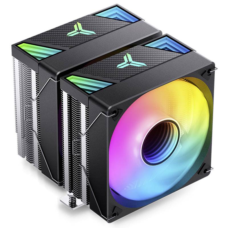 Cooler with two fan modules displays colourful RGB lighting and heat sinks, suitable for high-performance computer processors.