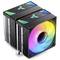 Cooler with two fan modules displays colourful RGB lighting and heat sinks, suitable for high-performance computer processors.
