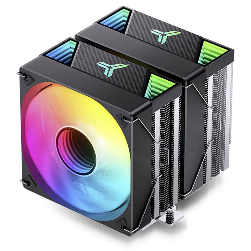 A RGB-illuminated CPU cooler with two fans and heatsinks ensures improved heat dissipation within a computer case.