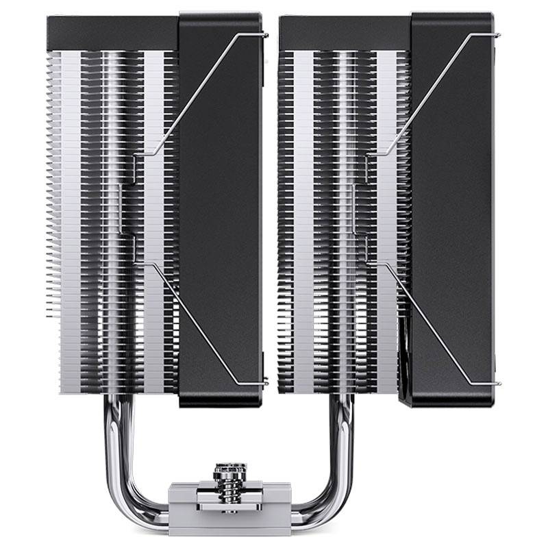 A PC heatsink with two black cooling towers, silvery cooling fins, and interconnected heat pipes, serves to cool computer processors.