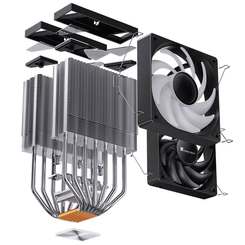 Exploded view diagram of a computer processor cooler with fin heatsink, copper base, multiple heat pipes, and two fans.