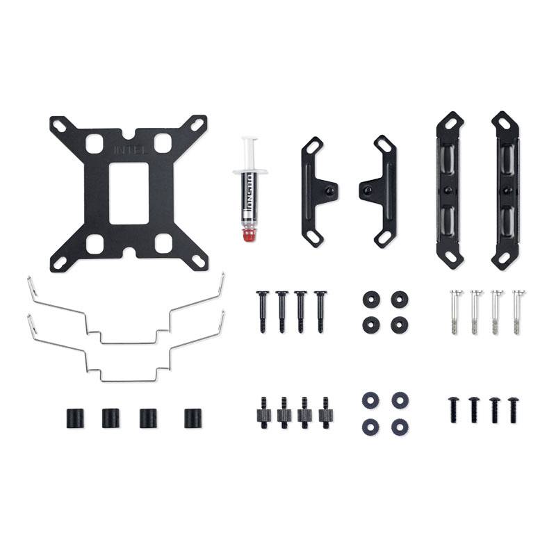Accessories for CPU cooler, comprising a mounting plate, screws, brackets, clips, and thermal paste.