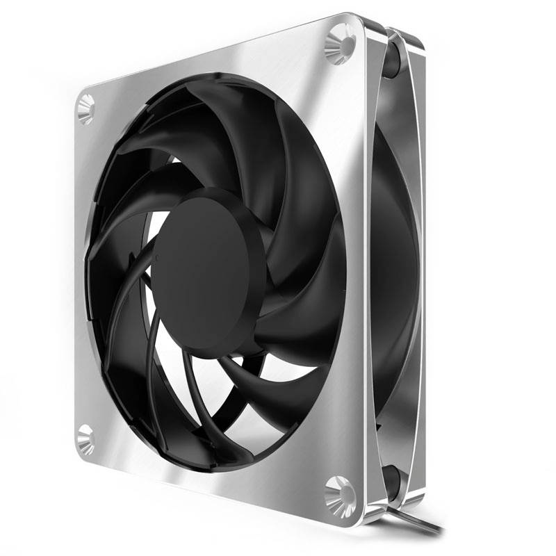 A silver and black computer fan with a round, rotatable rotor made of black plastic, mounted in a square housing.