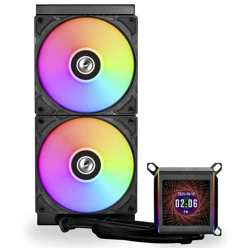 Dual-fan cooler with RGB lighting and digital display, showing date and time in pink lettering.