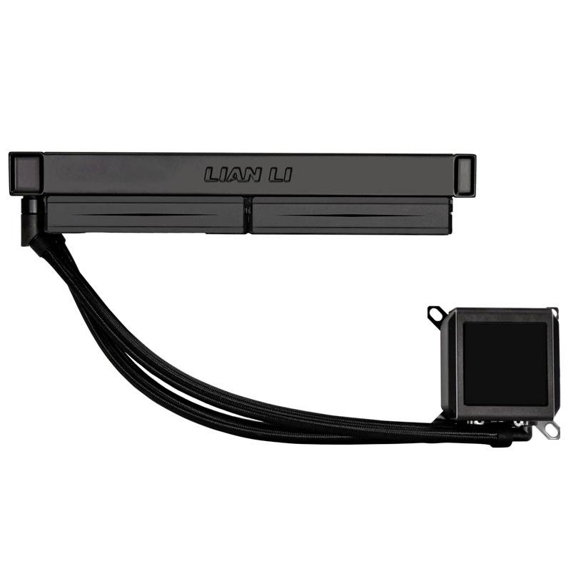 Black CPU water cooling unit with a square heatsink and two fan tubes. 'LIAN LI' brand text visible.