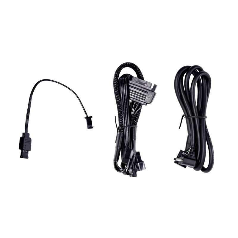 'Three black cables: on the left a short one with a connector, in the middle a wrapped cable bundle, on the right a long cable with a plug.'